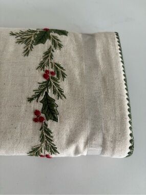 Pottery Barn Cream Table Runner with Green & Red Holly Embroidery